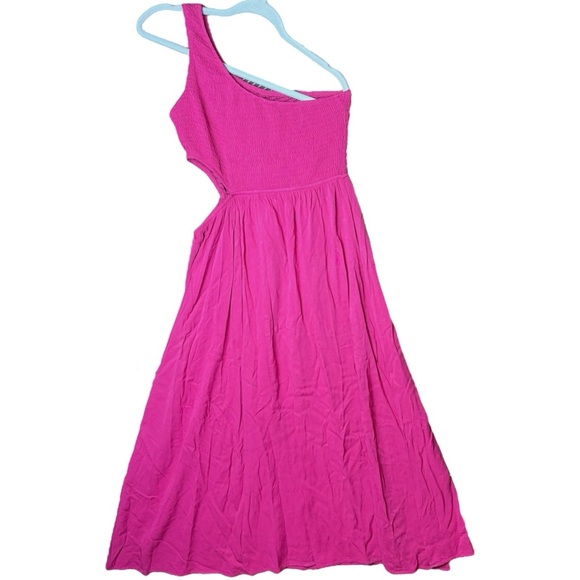 Anrabess One-Shoulder Hot Pink Sleeveless Midi Dress Medium Babydoll Y2K - Picture 2 of 8